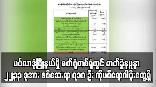Embedded thumbnail for မင်္ဂလာဒုံမြို့နယ်ရှိ စက်ရုံတစ်ရုံတွင်ဓာတ်ခွဲနမူနာ ၂၂၃၃ ခုအား စစ်ဆေးရာ ၇၁၈ ဦးကိုဗစ်ရောဂါပိုးတွေ့ရှိ