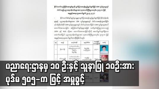 Embedded thumbnail for CDM လှုပ်ရှားမှုနှင့် ပတ်သက်၍ ပညာရေးဌာနမှ ပါမောက္ခချုပ်၊ လက်ထောက်ကထိကများ အပါအဝင် ၁၀ ဦးနှင့် သူနာပြု ၁၀ ဦးအား ပုဒ်မ ၅၀၅-က ဖြင့် အမှုဖွင့်