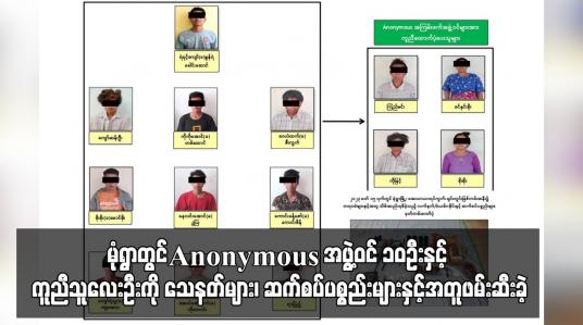 Embedded thumbnail for မုံရွာတွင်Anonymousအဖွဲ့ဝင်၁၀ဦးနှင့် ကူညီထောက်ပံ့သူလေးဦးကိုသေနတ်များ၊ ဆက်စပ်ပစ္စည်းများနှင့်အတူ