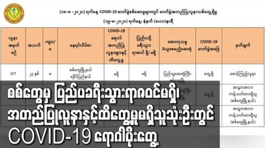 Embedded thumbnail for ပြည်ပခရီးသွားရာဇဝင်လည်းမရှိ၊ COVID-19 အတည်ပြုလူနာနှင့်လည်းထိတွေ့မှုမရှိသူ သုံးဦးတွင် ရောဂါပိုးထပ်မံတွေ့ရှိခဲ့ပြီး ရောဂါပိုးတွေ့ရှိသူစုစုပေါင်း ၃၇၉ဦးရှိလာ (ရုပ်သံ)