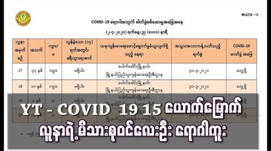 Embedded thumbnail for COVID-19 Case -15 လူနာ၏ အသက် ၈ နှစ်နှင့် ၁၀ နှစ်အရွယ် သားသမီးနှစ်ဦးအပါအဝင် မိသားစုဝင်လေးဦး ရောဂါကူး
