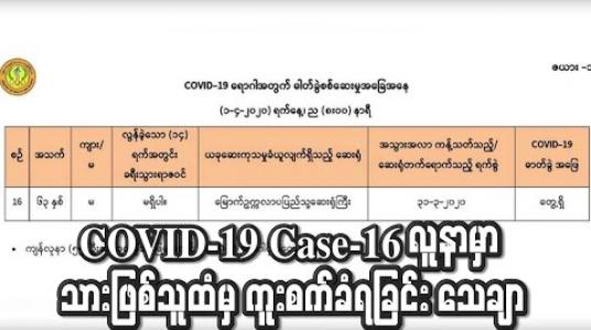 Embedded thumbnail for Case-16 လူနာမှာ ဒူဘိုင်းမှပြန်လာသည့် သားထံမှ ကူးခံရခြင်းဖြစ်ပြီး သားဖြစ်သူမှာ ရောဂါလက္ခဏာ ပင်မပြဘဲ ပိုးပြန်ပျောက်သွားခြင်းဖြစ်ဟု ဆို (ရုပ်သံ) 
