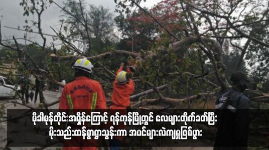 Embedded thumbnail for မိုခါမုန်တိုင်းအရှိန်ကြောင့် ရန်ကုန်မြို့တွင် လေများတိုက်ခတ်ပြီး မိုးသည်းထန်စွာရွာသွန်းကာ အပင်များလဲကျမှုဖြစ်ပွား